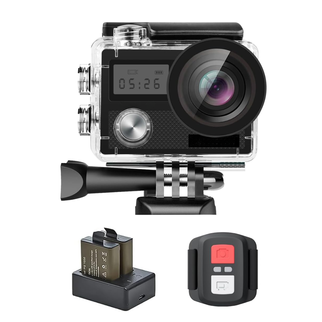 4K Action Camera with Dual Screens Water-Resistant Case WiFi Mount Kit
