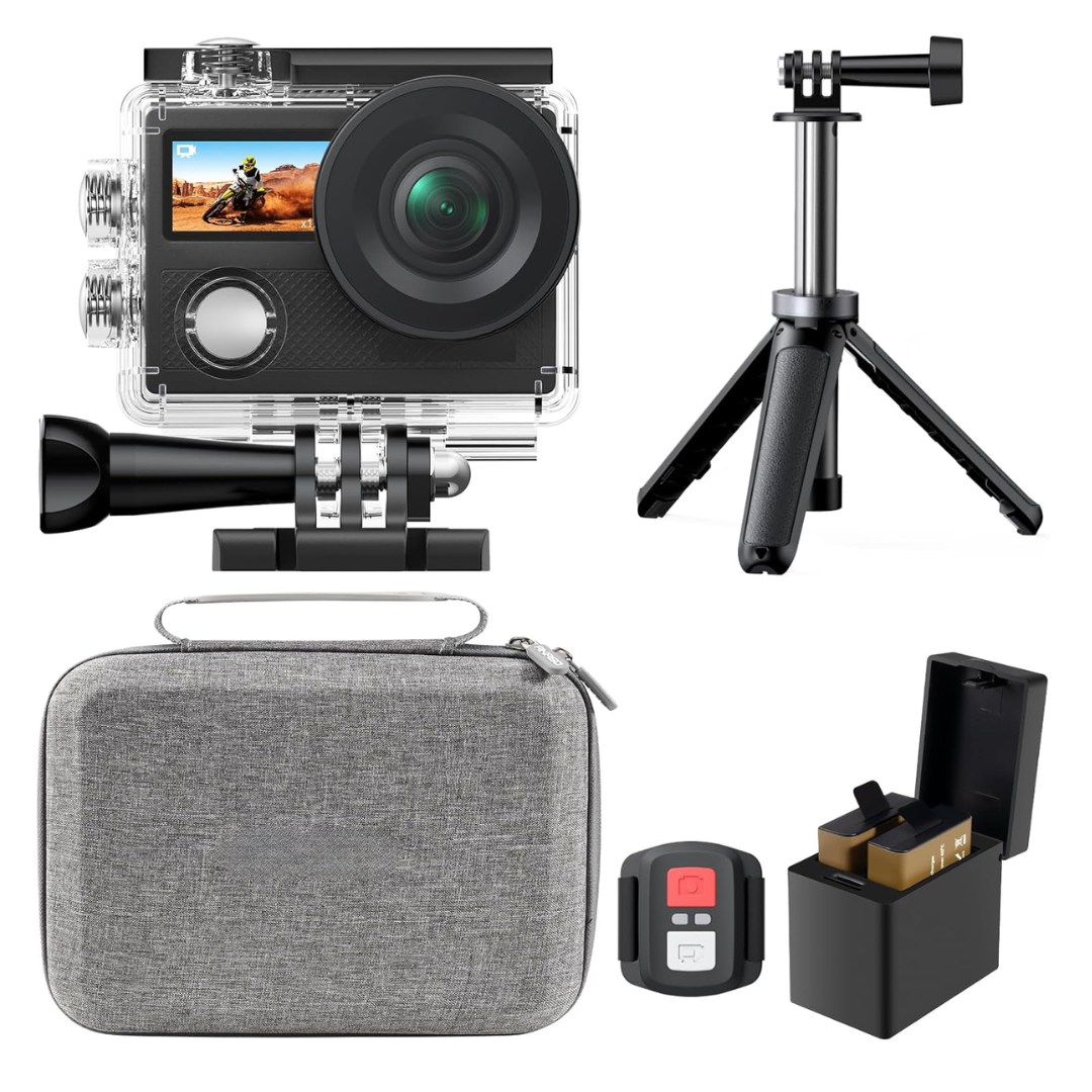 4K Action Camera with Dual Screens Water-Resistant Case WiFi Mount Kit