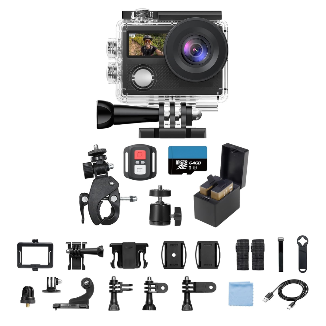 4K Action Camera with Dual Screens Water-Resistant Case WiFi Mount Kit