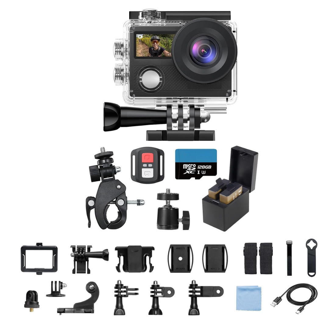 4K Action Camera with Dual Screens Water-Resistant Case WiFi Mount Kit