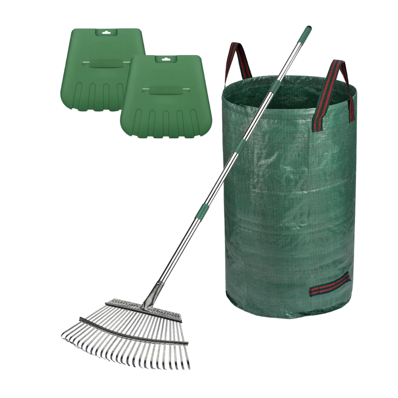 65 Inch Alloy Steel 25 Tine Garden Rake with Leaf Scoops and Bag