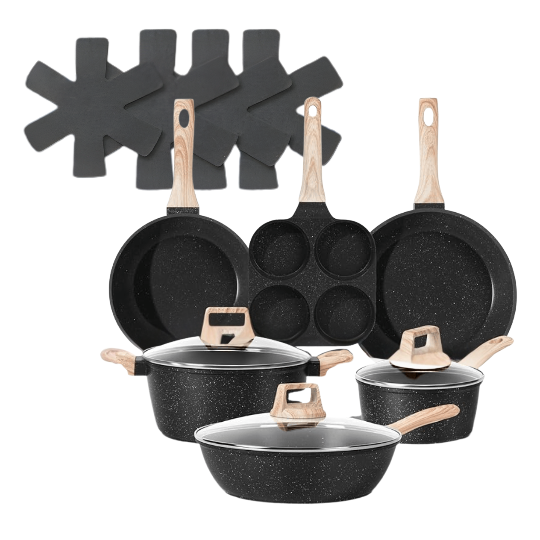 Aluminum Nonstick Cookware Set with Granite Coating & Glass Lids