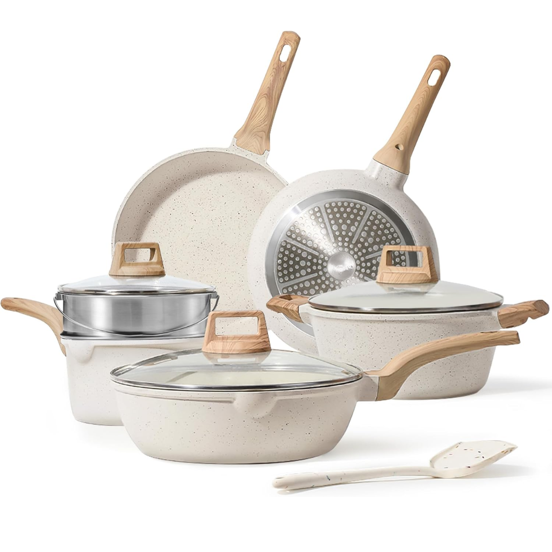 Cream White Granite Nonstick Cookware Set, Multi-Stovetop Compatible