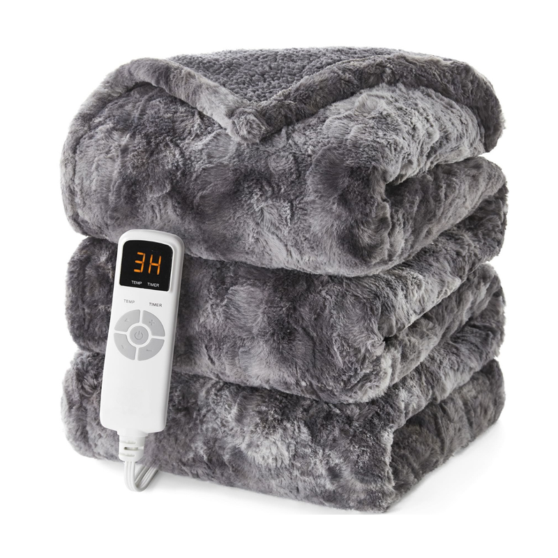 Faux Fur Sherpa Electric Heated Blanket with 9 Levels and Auto Off