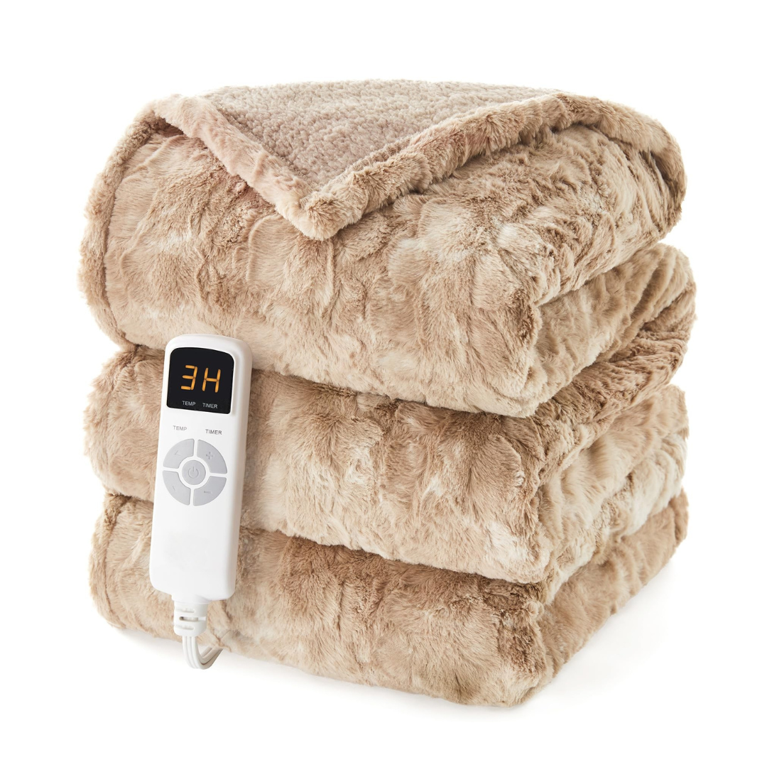 Faux Fur Sherpa Electric Heated Blanket with 9 Levels and Auto Off