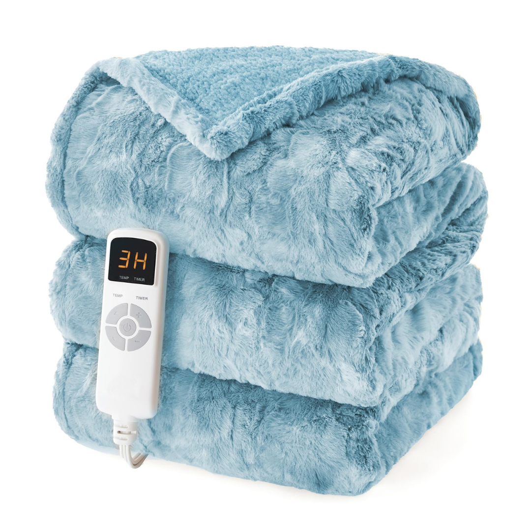 Faux Fur Sherpa Electric Heated Blanket with 9 Levels and Auto Off