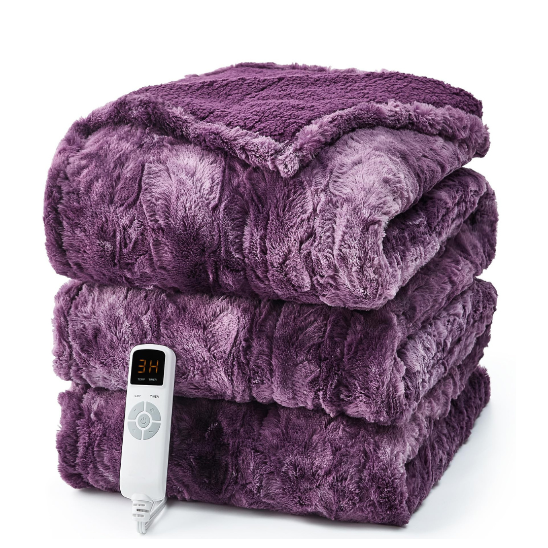 Faux Fur Sherpa Electric Heated Blanket with 9 Levels and Auto Off