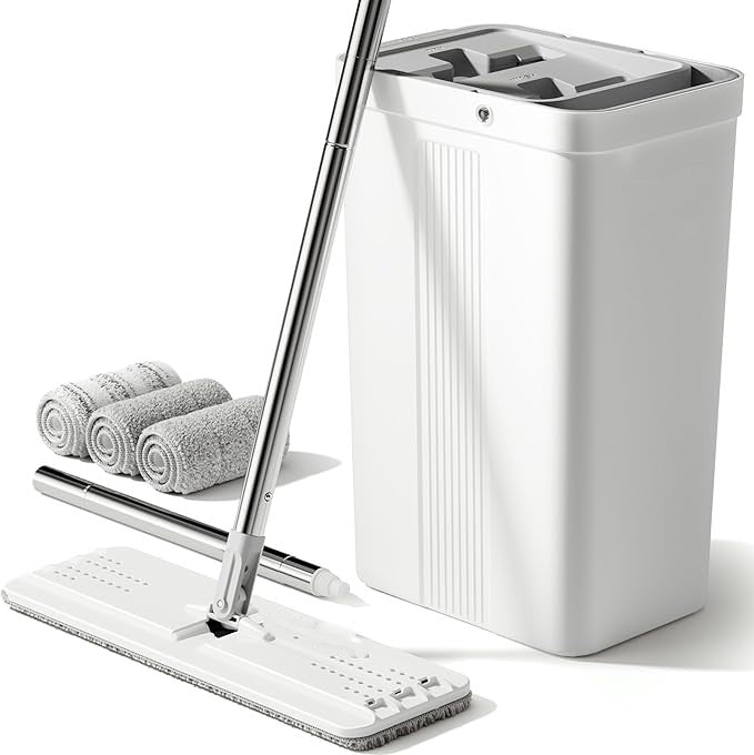 Flat Mop and Bucket Set with Long Handle, Wringer and Microfiber Pads