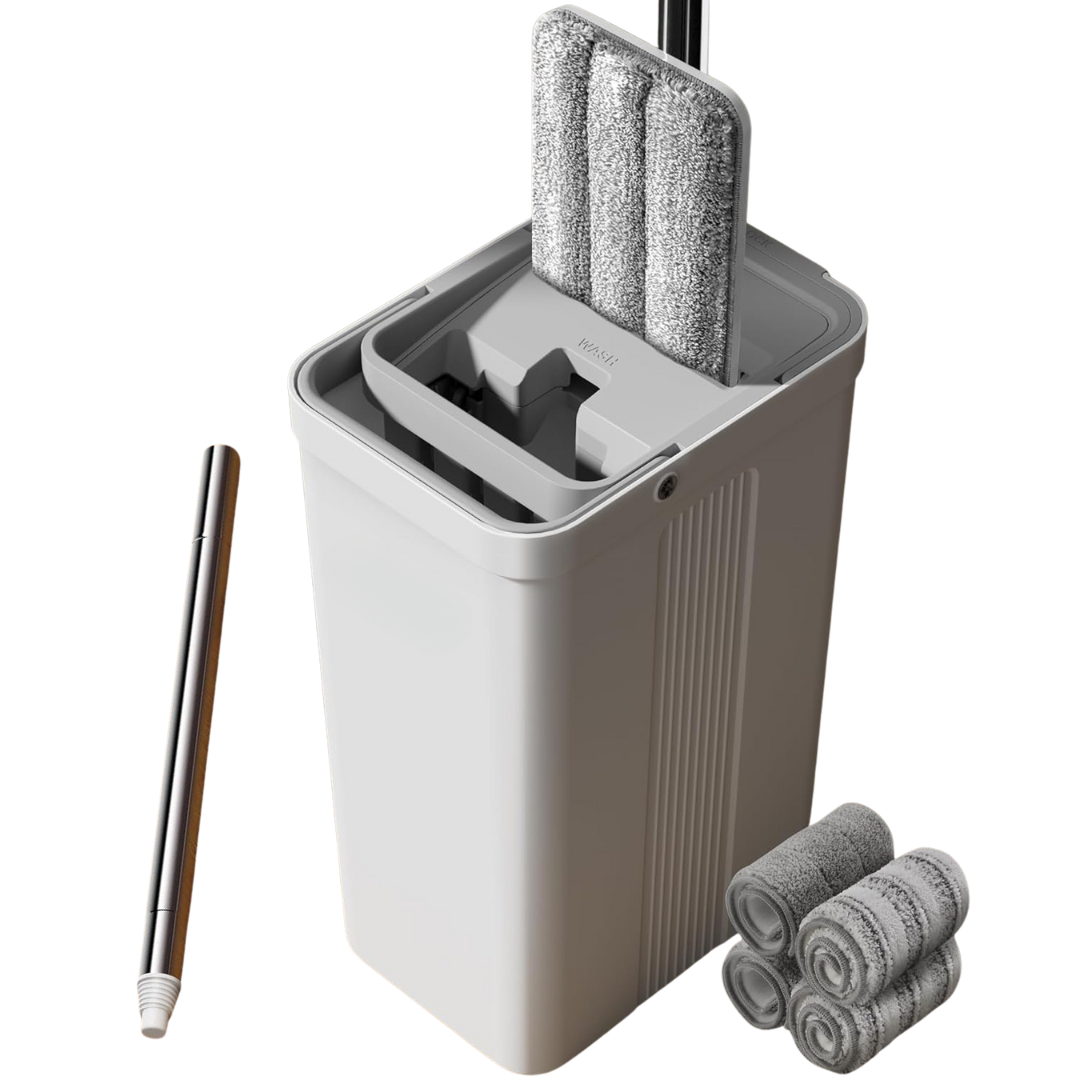 Flat Mop and Bucket Set with Long Handle, Wringer and Microfiber Pads