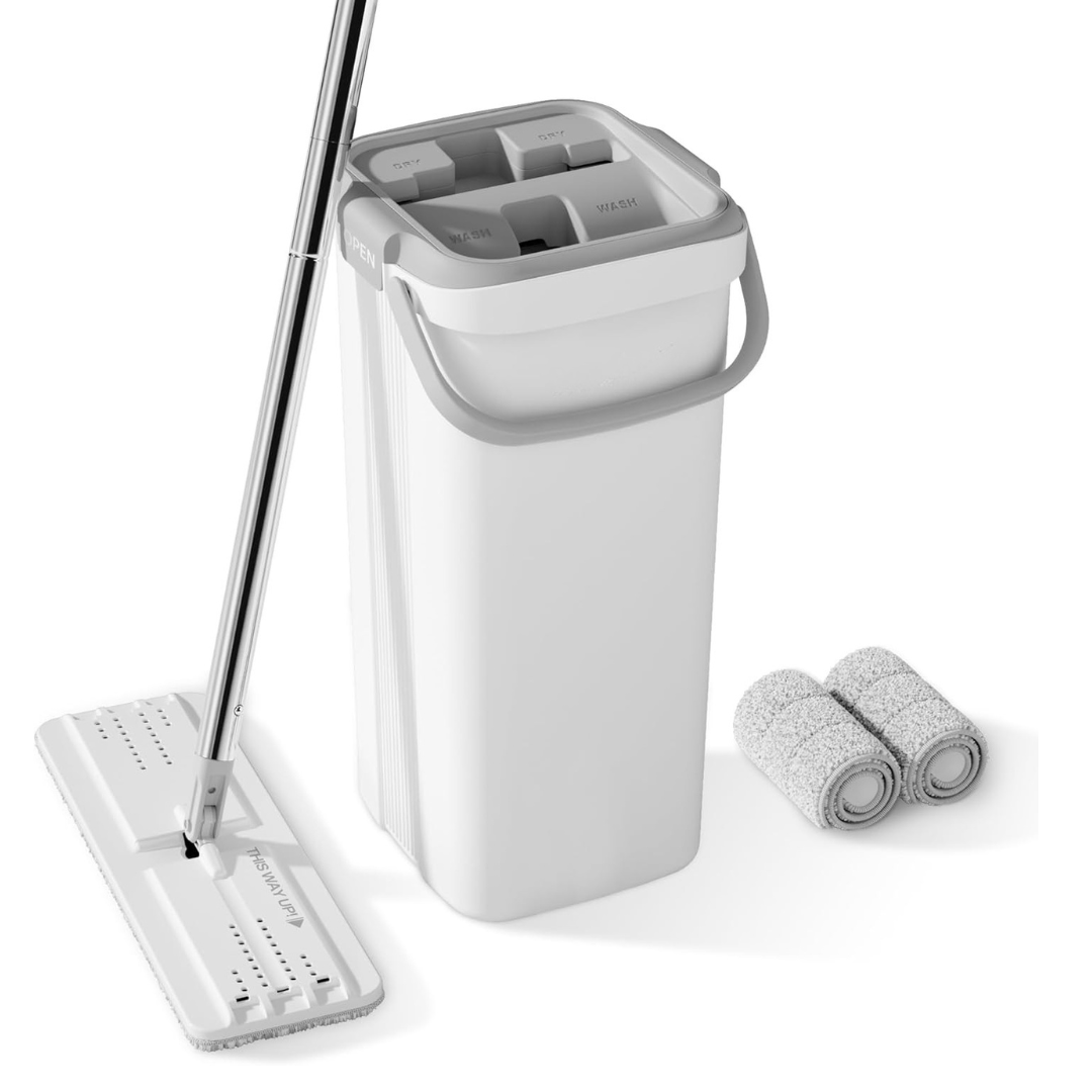 Flat Mop and Bucket Set with Microfiber Pads for Hardwood Floors