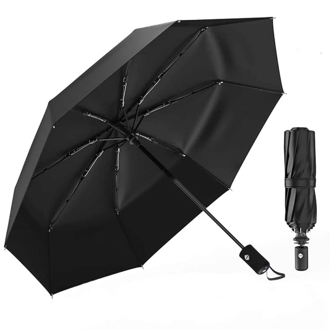 Folding Travel Umbrella with Auto Open Close and Fiberglass Ribs