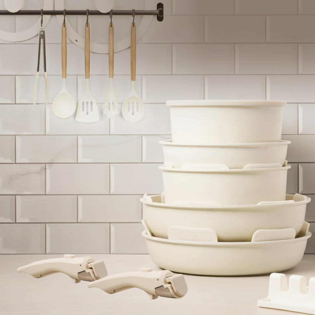 Nonstick Cookware Set with Removable Handle and Transparent Glass Lids