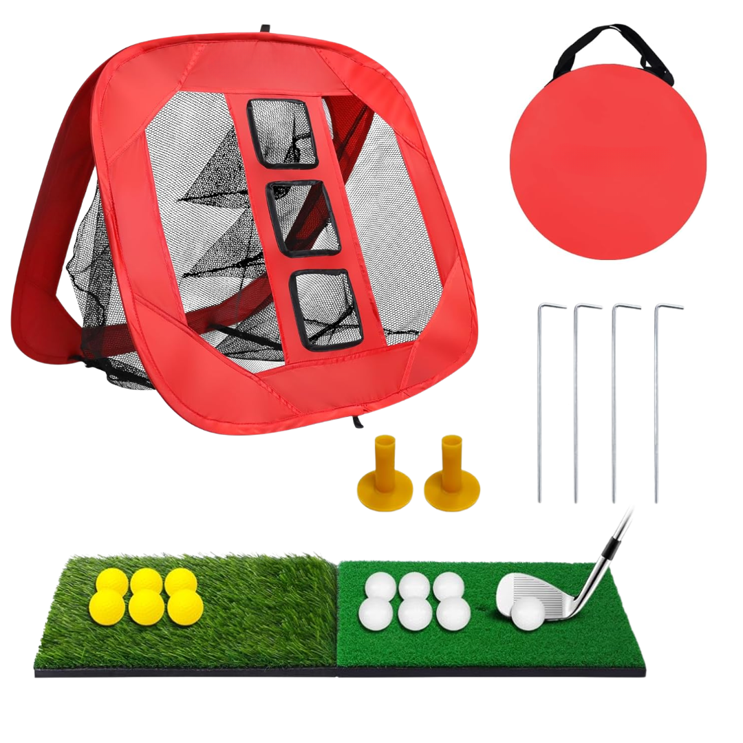 Pop-Up Golf Chipping Target Net Set with Hitting Mats, Balls & Bag