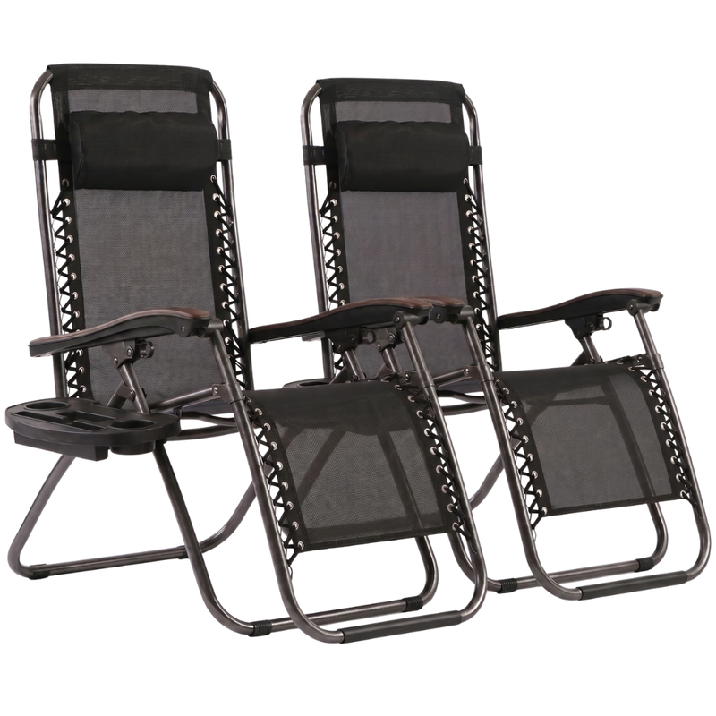 Set of 2 Folding Reclining Patio Lounge Chairs with Cup Holder Trays