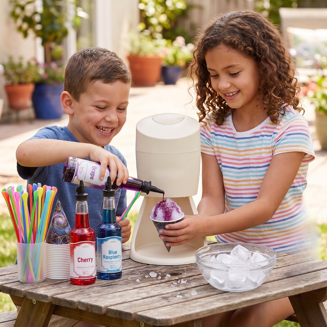 Shaved Ice Machine Party Kit with 3-Flavors Syrup, Cups, and Straws