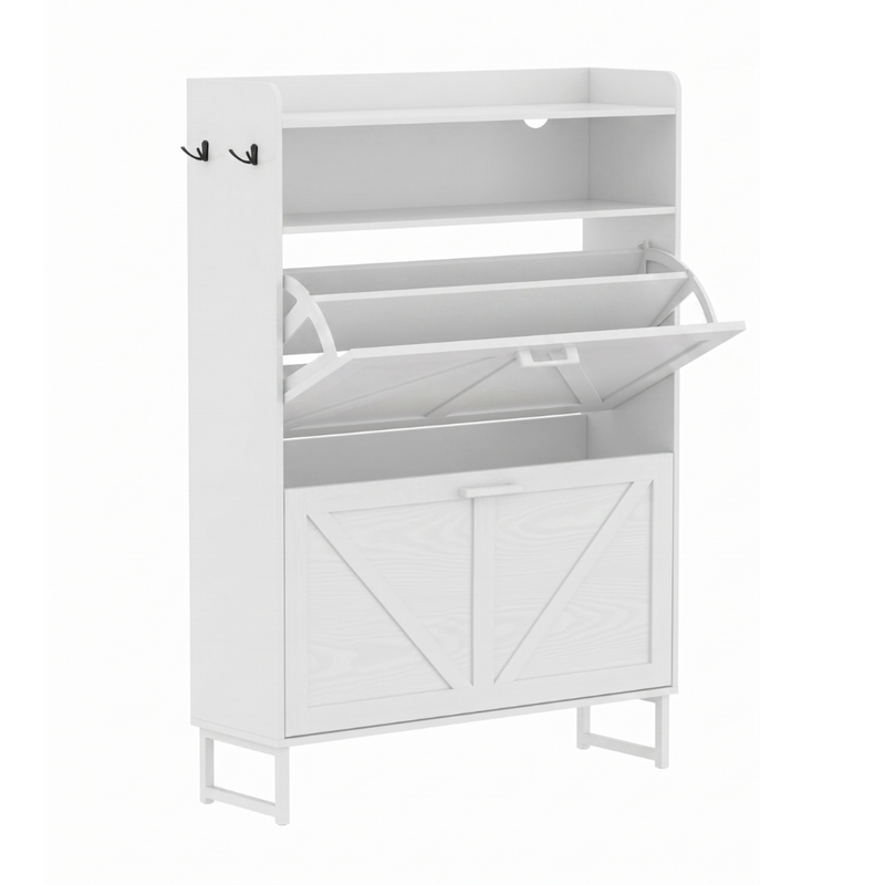 Slim Shoe Cabinet with 2 Flip Drawers, Top Surface, and Side Hooks