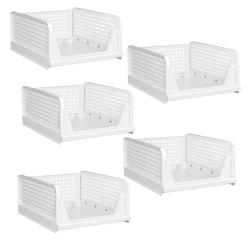 Stackable Closet Organizer Bins 5 Pack with Half Pull Rail, Foldable