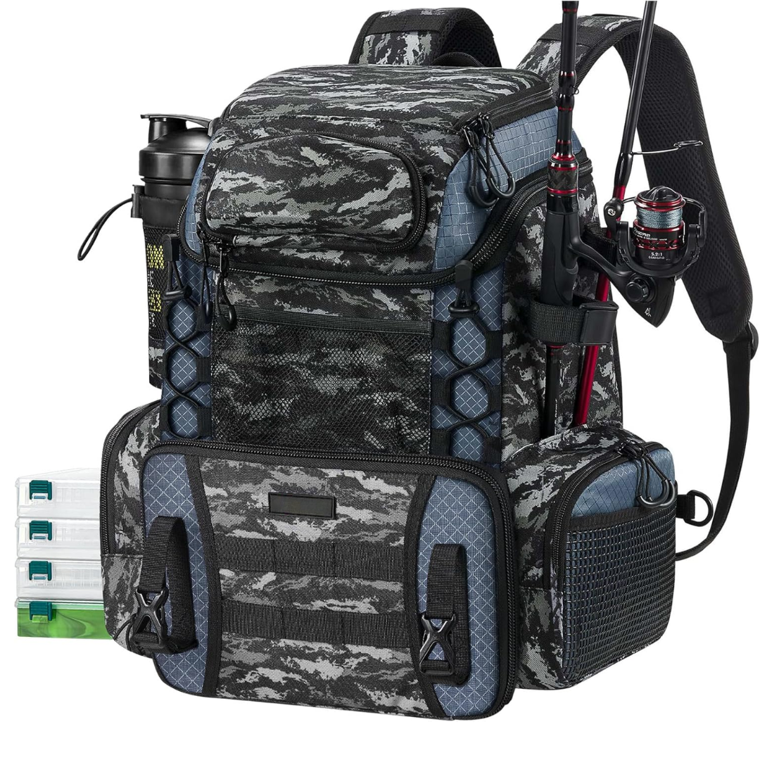 Water-Resistant Fishing Backpack with Rod Holders & 4 Tackle Boxes