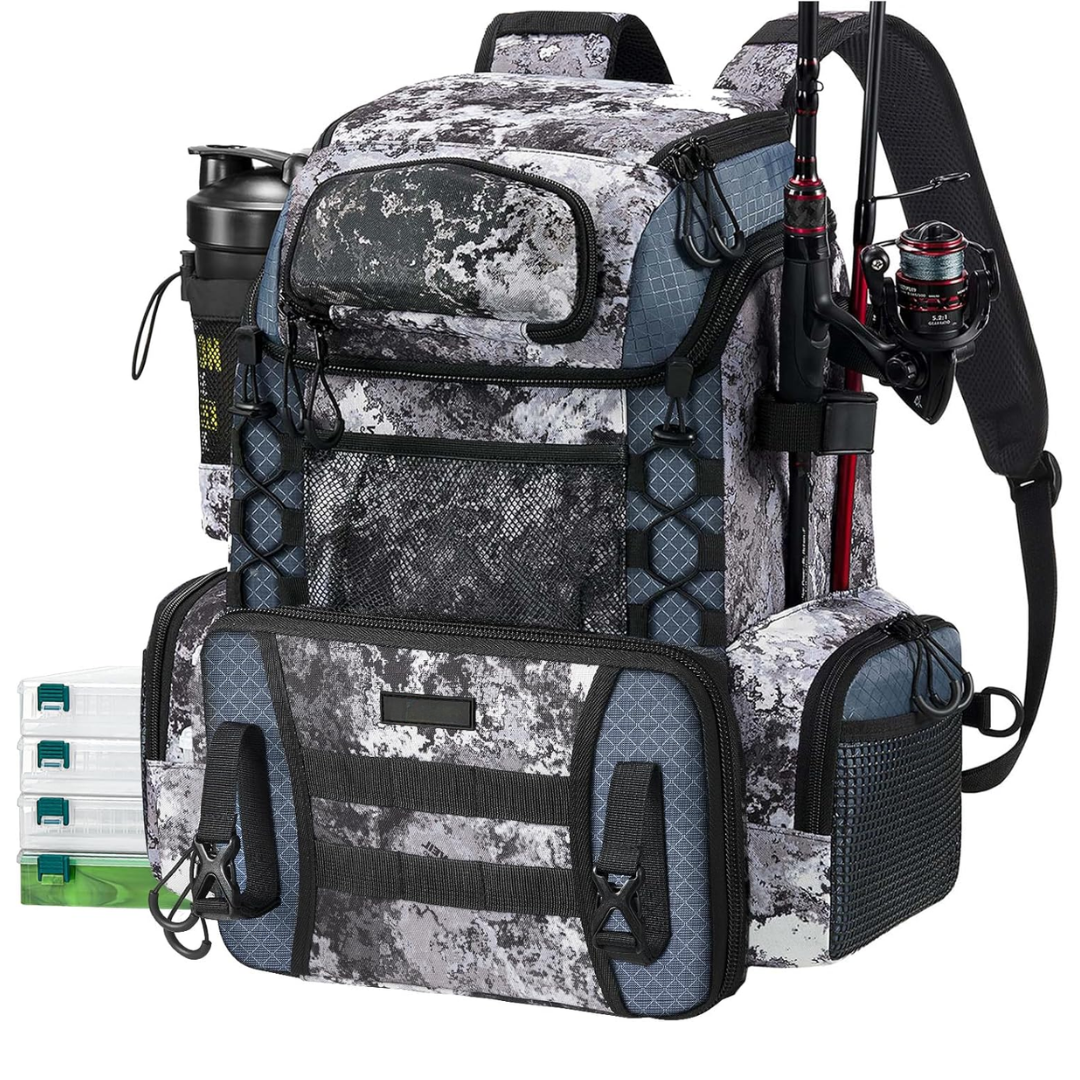 Water-Resistant Fishing Backpack with Rod Holders & 4 Tackle Boxes