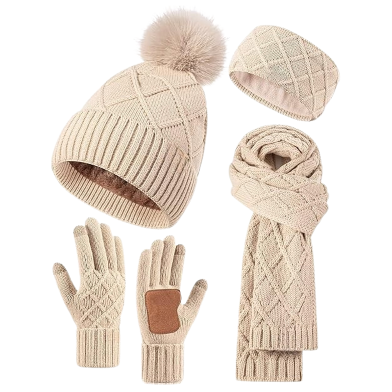 Women’s 4-in-1 Winter Hat, Scarf, Gloves, and Headband Set Oatmeal