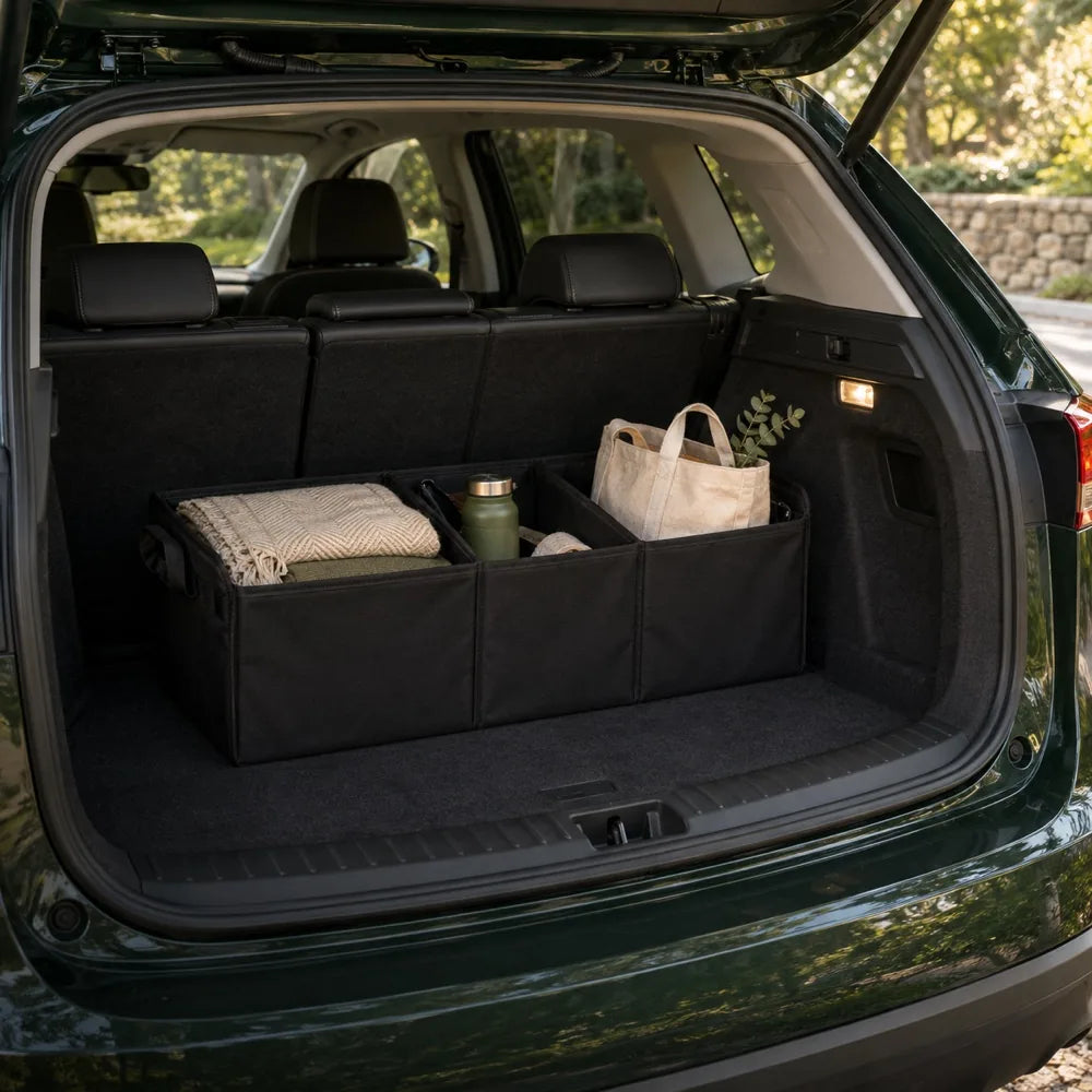 An organized car trunk with everyday essentials stored in a black fabric organizer