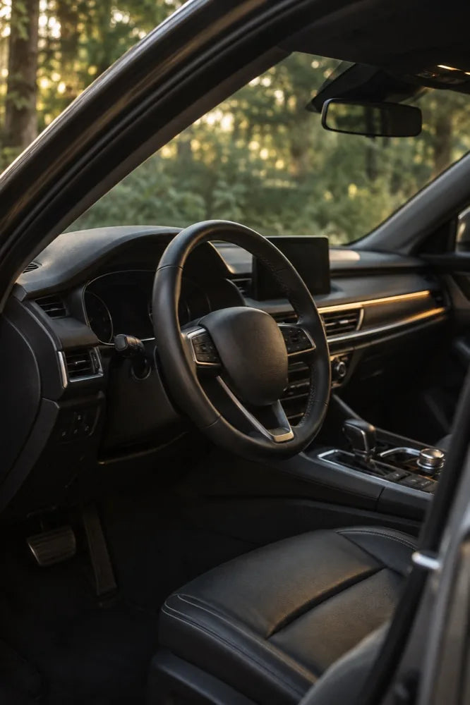 Close-up of a car steering wheel and interior details